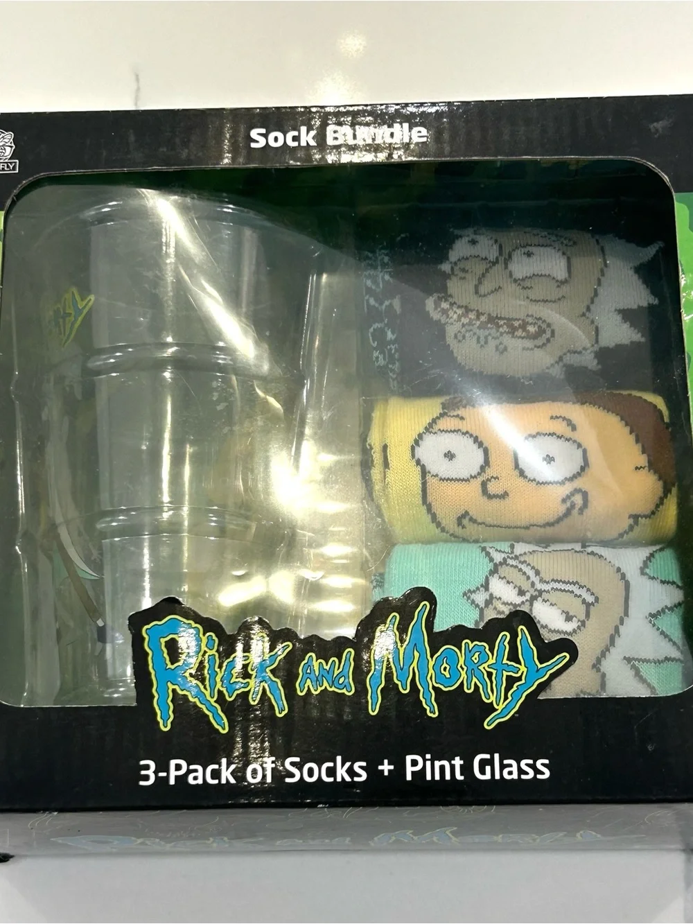 Rick and Morty Pint Glass and 3 Sock Bundle Culturefly New